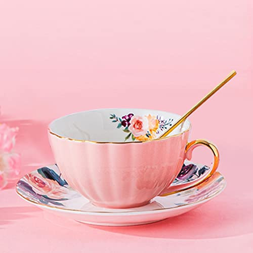 Pink Tea Cup and Saucer,Porcelain Coffee Cup Royal Ceramic Floral Lined Teacup with Gold Trim and Spoon,8 oz Vintage British Cup for Latte,Cappuccino,Porcelain Tea Sets Gift for Birthday Teaparty