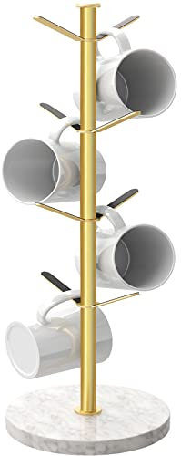 Gypie Marble Mug Tree Stand, 8 Hooks Coffee Cup Holder Storage Rack, Weighted Marble Base Stable Mug Holders for Kitchen Counter Cabinet Cafe (Golden)