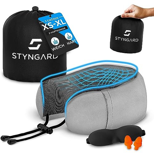 STYNGARD Nackenkissen Kinder aus Memory Foam [2 Härtegrade] - Nackenkissen Reise Kinder mit Schlafmaske - Nackenkissen Flugzeug - Modell Barcelona (Grau, Weiches Material)