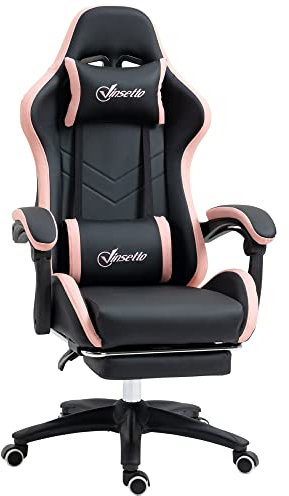 Vinsetto Sedia da Gaming Ergonomica in Pelle PU e Acciaio con Poggiatesta e Altezza Regolabile, Poltrona Gaming con Schienale Reclinabile e Cuscino Lombare, 65x65x121-129 cm, Nero e Rosa