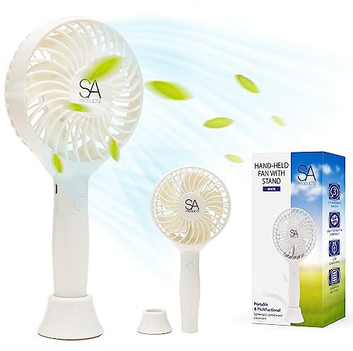 SA Products Handheld Fan with 3 Speeds | 3000 mAh USB Rechargeable Portable Mini Fan with Stand | Desk & Handheld Use – White