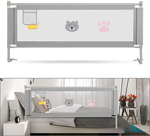 Tubiaz 200cm Bettgitter Rausfallschutz, Kinderbettgitter Höhenverstellbar 70-98cm, Bettschutzgitter für Kinder, Babybettgitter mit Luftiges Netz, Stabile und Leicht zu Montierende-Grau