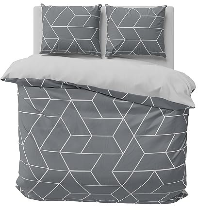 one-home Bettwäsche Mikrofaser Garnitur Bettbezug modern viele Muster mit Reißverschluss, Farbe:Geometrisch grau, Größe:3 teilig 200x220 cm