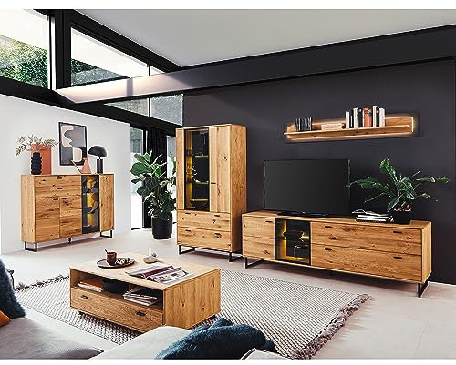 Lomadox Wohnwand Wohnzimmermöbel Set braun 5-teilig Wildeiche Teilmassiv | 1 Highboard, 1 Vitrine, 1 TV-Lowboard, 1 Wandboard, 1 Couchtisch mit Beleuchtung