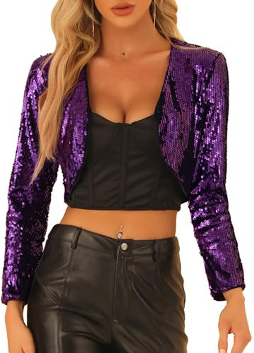 Allegra K Damen Glitzer Blazer Festliche Langarm Offen Pailletten Crop Jacke Lila L
