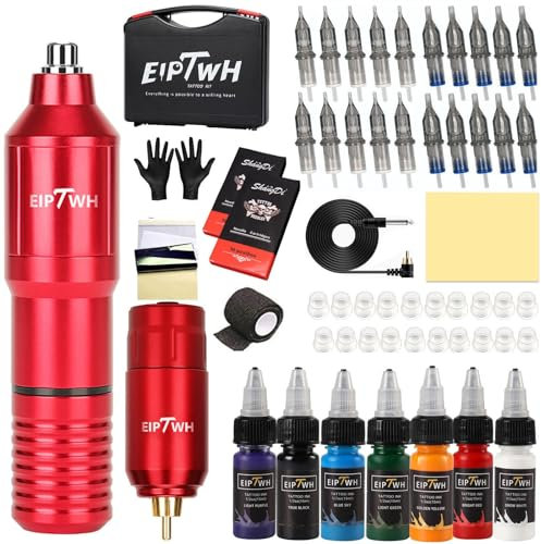 EIPTWH Wireless Tattoo Machine Gun Kit with 7 Colors 15ml Tattoo Inks Set and 20pcs Needles Cartridges