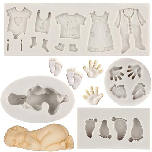 MYPRACS Lot De 4 Moules À Fondant En Silicone Pour Bébé Thème Fête Prénatale Cupcakes Vêtements De Bébé Mains Pieds Moules Pour Décoration De Gâteaux Cupcakes Bonbons Pâte À Gomme Argile Polymère