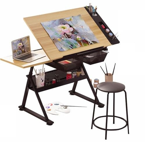 Malerei Arbeitsstation & Hocker Set Zeichentisch aus Massivholz, Höhenverstellbar (26.8-35.8) und Winkelverstellbar (0°-80°), mit Schubladen, Seitentabletts, Bleistiftablage und Beistelltisch