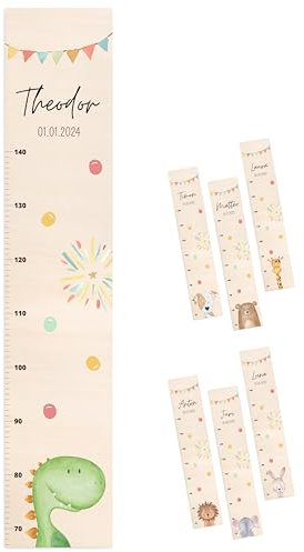 wunderwunsch® - Personalisierte Messlatte Kind Holz zum Kleben oder Aufhängen - Skala 70-140cm - Süße Dekoration für Baby- & Kleinkinderzimmer (Dino)