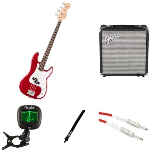 Fender Squier Debut Precision Bass Guitar Kit for Beginners, includes Amplifier, Cable, Strap, and Tuner, Dakota Red