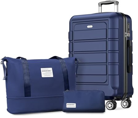 SHOWKOO Koffer Mittelgroß Hartschale Leicht ABS+PC Erweiterbar Reisekoffer Kabinen Haltbar Handgepäck Sets 4 Rollen TSA-Schloss mit 1 Reisetasche und 1 Kulturtasche, L -Blau