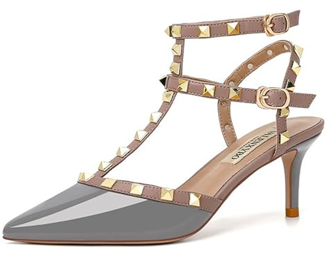 FamMe Damen-Pumps mit Nieten, Slingback-Kitten-Heels, spitzer Zehenbereich, T-Knöchelriemen, Stiletto-Sandalen, Hochzeits-Party-Kleid, Pump-Schuhe