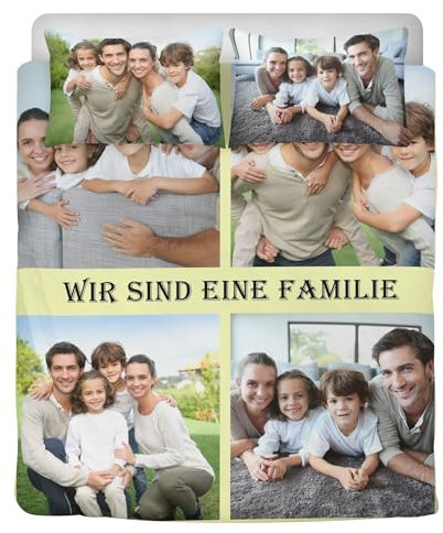 Personalisierte Bettwäsche, Gestalten Sie den 3-teiligen Bettbezug nach Ihrem Geschmack, mit 1 Bettbezug und 2 Kissenbezug, Kann mit Fotos Text individuell (4 Foto mit Text, 155x220)