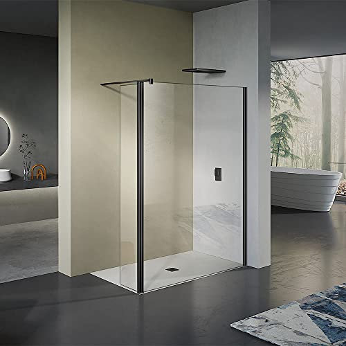 GRAND VERRE Paroi de douche fixe volet pivotant de 30cm 120+30 en verre 8 mm anticalcaire accessoires en noir mat