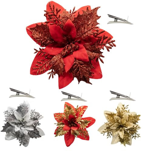 Bonny*D 12 Fiori Per Albero di Natale 12 Clip Incluse - Decorazioni Natalizie 14Cm - Fiori Natalizi Per Decorazioni Stella Di Natale - Fiori Finti Per Decorazioni - Addobbi Di Natale Glitterati