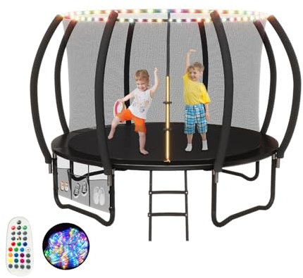 Devoko Trampolin Outdoor mit LED Streifen Ø 305/366/427 cm, vom TÜV Rheinland GS-Zertifikat, Kindertrampolin Gartentrampolin mit Sicherheitsnetz, Rundes Riesentrampolin mit Leiter und Schuhbeutel
