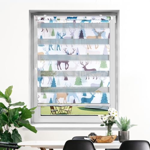 Deswell Doppelrollo mit Muster Weiß-Elch B90 x H120 cm (Stoffbreite 86cm), Doppelrollo Klemmfix ohne Bohren mit Motiv, Duo Rollos für innen Fenster Zebrarollo Fensterrollo für Kinderzimmer