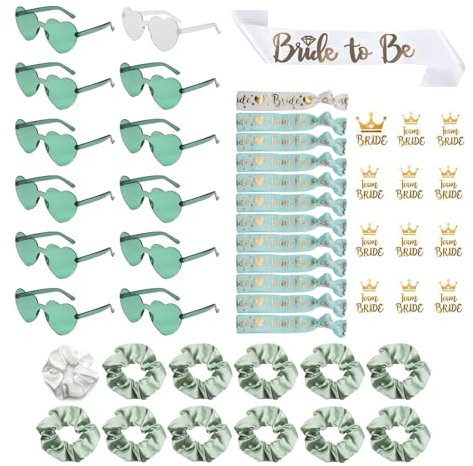 49 Stück Jga Accessoires Frauen, JGA Brille Team Braut Haargummi Armbänder für Junggesellenabschied Frauen, 1Bride to be schärpe +12 Herzförmige Brille +12 Haargummi+12 Armband+12 Aufkleber, JGA Deko