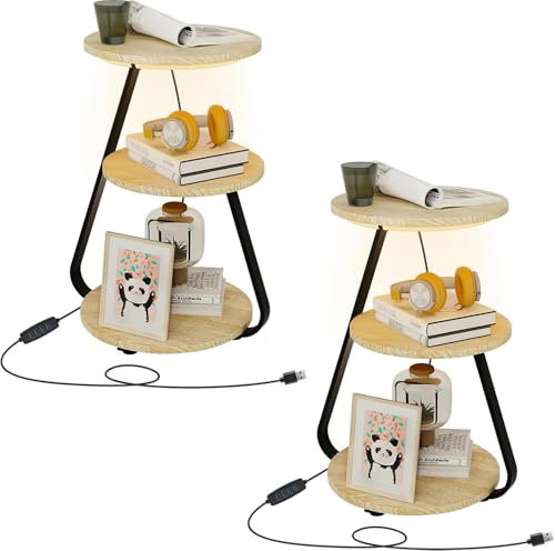 ARTETHYS Side Table Set of 2, Bedside Small Coffee Table with 3 Color LED Lights, End Table with 3 Tier Storage Shelves for Living Room Bedroom, Oak