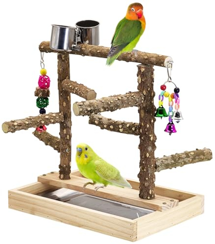 BNOSDM Natural Wood Bird Playground for Training & Playing, Parrot Perch Stand Jungle Gym with Detachable Tray & Stainless Feeder Cups Parakeet Cage Playstand for Budgie, Cockatiel, African Grey