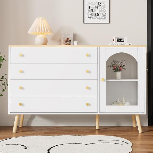 Wyibwy Modernes Sideboard mit 4 Schubladen und 1 gebogenen Türen aus gehärtetem Glas, Aufbewahrungsschrank mit rundem Griff in Gold und 5 Beinen aus Massivholz, Sideboard Wohnzimmer 120 x 40 x 77,5