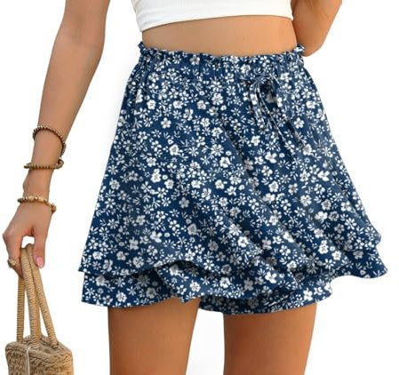 PrinStory Ruffles Shorts For Women High Waist Flowy Shorts Drawstring Skort Casual Summer Skort Wide Leg Culottes (Blue White Flower, L)