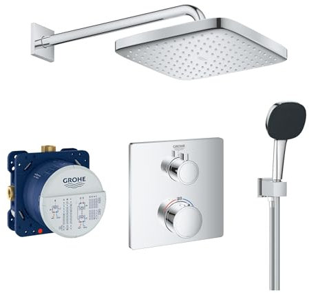 Grohe Duschsystem mit Unterputz Duscharmatur von Grohe Regendusche mit Armatur, Duschkopf eckig, Wandarm Dusch-SET GK03 poliert