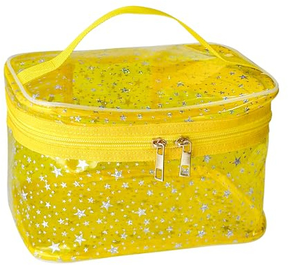 TotePrint Star Pattern PVC Cosmetic Bag Waterproof Square Bucket Shape 22 x 14 x 14 cm Travel Makeup Organiser (Pack of 1), yellow, Modern