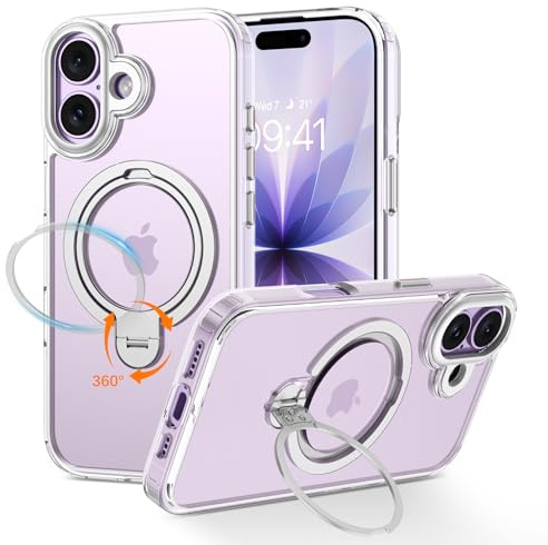 YINLAI für iPhone 17 Hülle mit Top 360° Ständer Ring Kompatibel mit Magsafe,HandyHülle mit Magnetring,Rückseite Militärschutz Cover Case Schutzhülle für iPhone 17 6.3,Transparent Klar