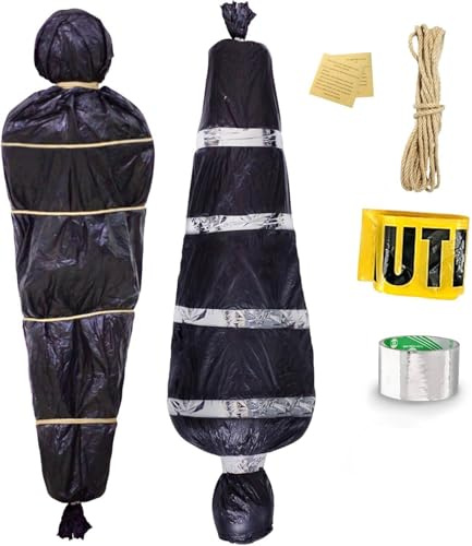 Halloween Outdoor Horror Deko, Leichensack Prop, Hängende Leiche, Gefälschte Leiche Tote Opfer Körper in Tasche, Gruselig Requisiten mit Warnband für Halloween Spukhaus Garten Hängende Dekoration