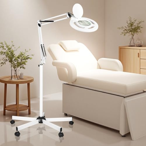 KALVISH Kosmetiklampe mit 10-Facher Vergrößerung, 2500 Lumen Stufenlos Dimmbar Lupe mit Licht und Ständer 5-Rollen-Fuß, LED-Beleuchtete Lupenlampe für Tattoo, Nähen, Wimpernbehandlungen, Nägel