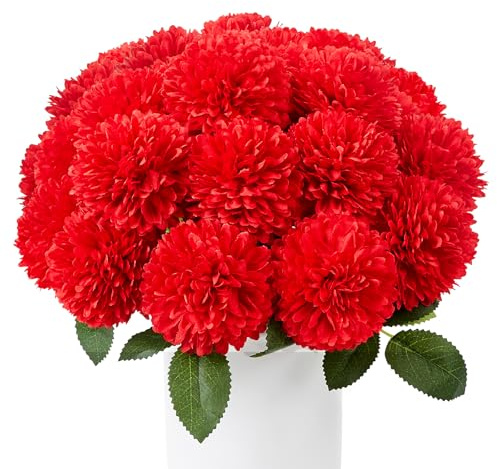 XIANNVXI 12 Stück Rot Kunstblumen wie Echt Chrysanthemen Künstliche Blumen Rot Fake Blumen Plastikblumen Deko Vasen für Blumenarrangements, Hochzeiten, Heimdekorationen