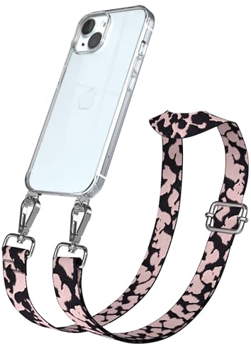 EAZY CASE Handykette - Verstellbares Taschenband kompatibel mit iPhone 15, Schulterriemen, Handykordel mit Silikon Hülle, Umhängetasche, Rosa Camouflage Silber