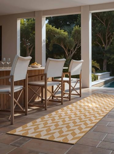 Ted Baker Flachgewebe Teppich Terrick - Flachgewebe Läufer, Pflegeleichter Wohnzimmerteppich, Modern, Zigzag Muster für Wohnzimmer, Terrasse, Esszimmer, Balkon - Ocker Weiß, 80x200 cm