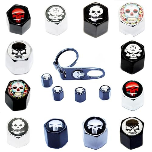 4 Ventilkappen + Schlüsselanhänger - Totenkopf Black Chrom - Ventil Anhänger Schlüsselring Etui Schlüssel (Totenkopf Chrom Dark Eye)