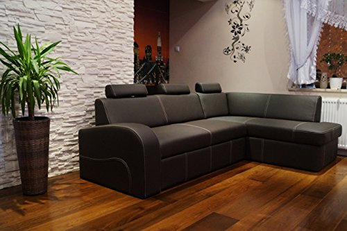 Quattro Meble Ecksofa Antalya II 3z 245 x 164cm Dunkelbraun Echtleder mit Creme Ziernaht Sofa Couch mit Schlaffunktion, Bettkasten und Kopfstützen Eck Couch Echt Leder Toledo Caffe