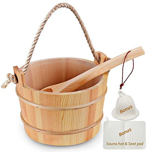 Bestnewie Cubo de Sauna de Madera de Pino finlandés con cucharón Hecho a Mano, Accesorio de Sauna de 5 litros con Sombrero de Sauna de Fieltro y Almohadilla de Asiento de Sauna