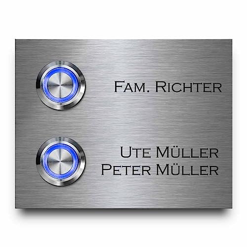 2 Fach Edelstahl mit Gravur - Klingel Modell Twin ab 9x7 cm und zwei Premium LED Klingelknopf Taster | Klingelschilder optional mit Acrylglasplatten | Klingelplatte für Mehrfamilienhaus
