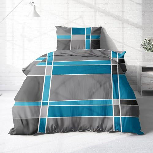 Träumschön Biber Bettwäsche Set 4tlg 135x200 cm + 80x80 cm – Flauschige Bettwäsche Grau/Blau – Weiche Winterbettwäsche mit Karo Design - Atmungsaktiv, Warm & Hautfreundlich - 100% Baumwolle