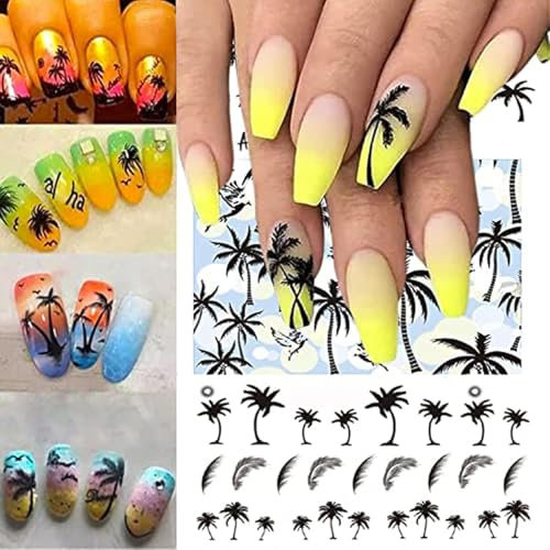 3 pcs Style D'été Arbres De Noix De Coco Plage Chaussures Nail Water Stickers Transfert Autocollants Plume Noire Feuilles Nail Art Autocollants Tatouage Decal