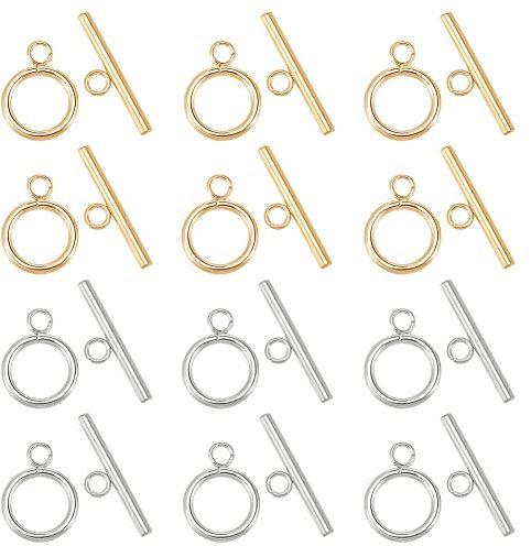 PandaHall 12 Sets 304 Edelstahl Runde Ring Knebelverschlüsse 2 Farben Steckverbinder Endverschlüsse mit T-Verbindungsstücken Metallverschluss für Armband Halskette Schmuck DIY Handwerk Machen