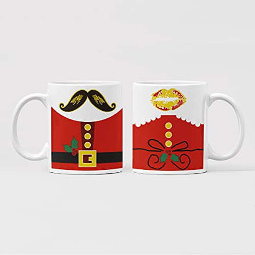 2 Pezzi Tazza da Colazione in Ceramica - Adatta per Lui e per lei - 2 x Tazze con Tema Natalizio - Temi Baffo e Bacio - Perfette Come Regalo Natalizio
