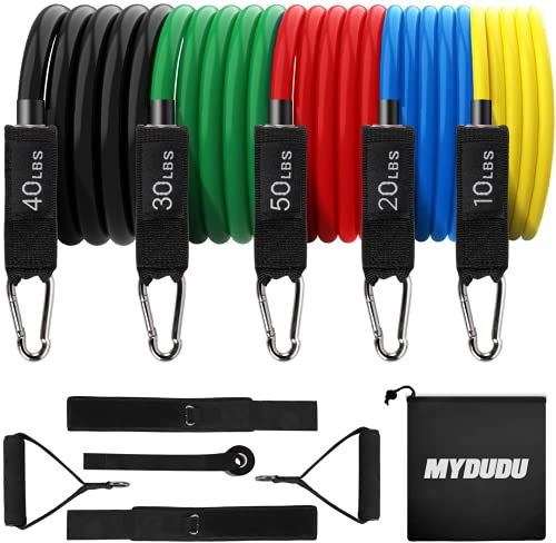 Resistance Bands Set, 11er Pack Fitnessband Stapelbar bis zu 150lbs, Indoor/Outdoor Workout Bands mit Türanker & Griffen für Fitness, Kraft, Schlank, Yoga, Heim-Fitnessgeräte für Männer/Frauen