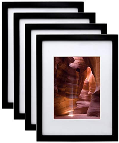 EGOFINE 12x9 Photo Frames Black Set of 4, Wood Picture Frames with Acrylic Glass for Photos 8x6 with Mat or 12x9 without Mat, Tabletop and Wall Mounting Display