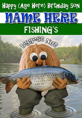 Fishing Birthday Card For Son - Nut Design - PERSONALISED Option with NAME and/or AGE - POSTED SAME DAY - FULL COLOUR INSIDE