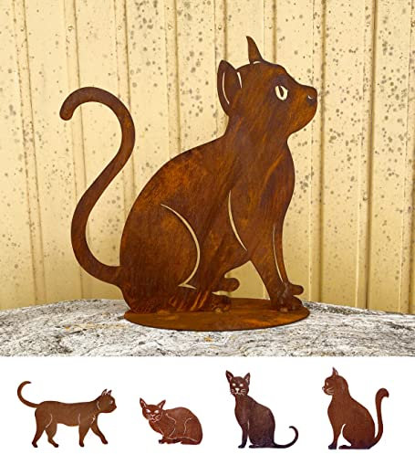 Gartenfigur Katze sitzend und schaut hoch 40x37cm auf Platte Edelrost Wetterfest Rost Metall Rostfigur Katzen Tier von Steinfigurenwelt