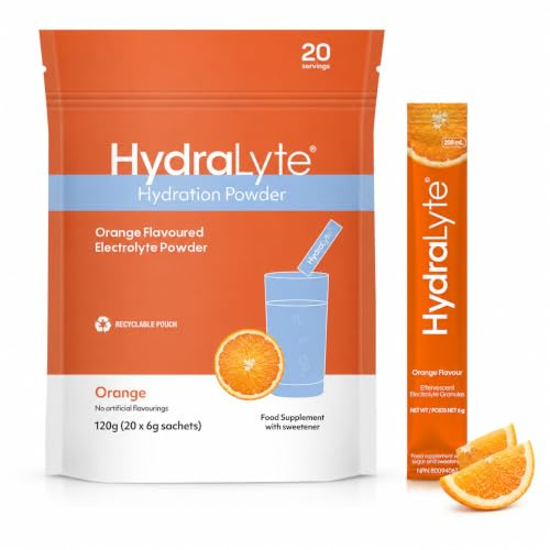 Hydralyte Hydration Effervescent Electrolyte Sachets, 20 Orange Sticks | Supports Hydration During Heat, Travel & Exercise, Orange Flavour, Low Sugar, Vegan, No Artificial Colours or Preservatives
