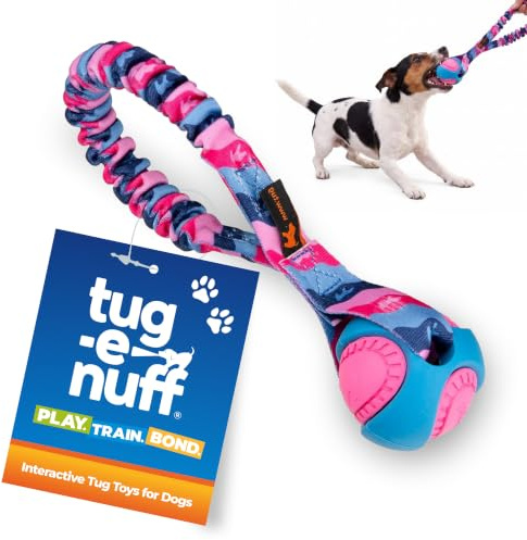 Tug-E-Nuff Pocket PowerBall Bungee Dog Tug Toy (Pink Pattern), 23cm | Compact Fetch & Tug of War Tough Rope Toys with Rubber Dog Ball, Strong Interactive for Training Small, Medium, Large Dogs