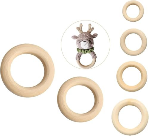 6PCS Anneau de Dentition en Bois Naturel Non Traité pour l'Artisanat, Le Bricolage, la Décoration, la Création de Bijoux (Extérieur Ø35, 40, 55, 65, 70, 80mm)