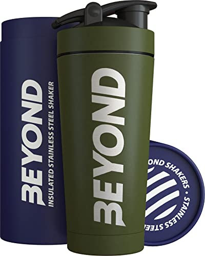Beyond Shakers Insulated Metal Protein Shaker, Stainless Steel Supplement Bottle - BPA Free for Gym 735ml in Forest Green